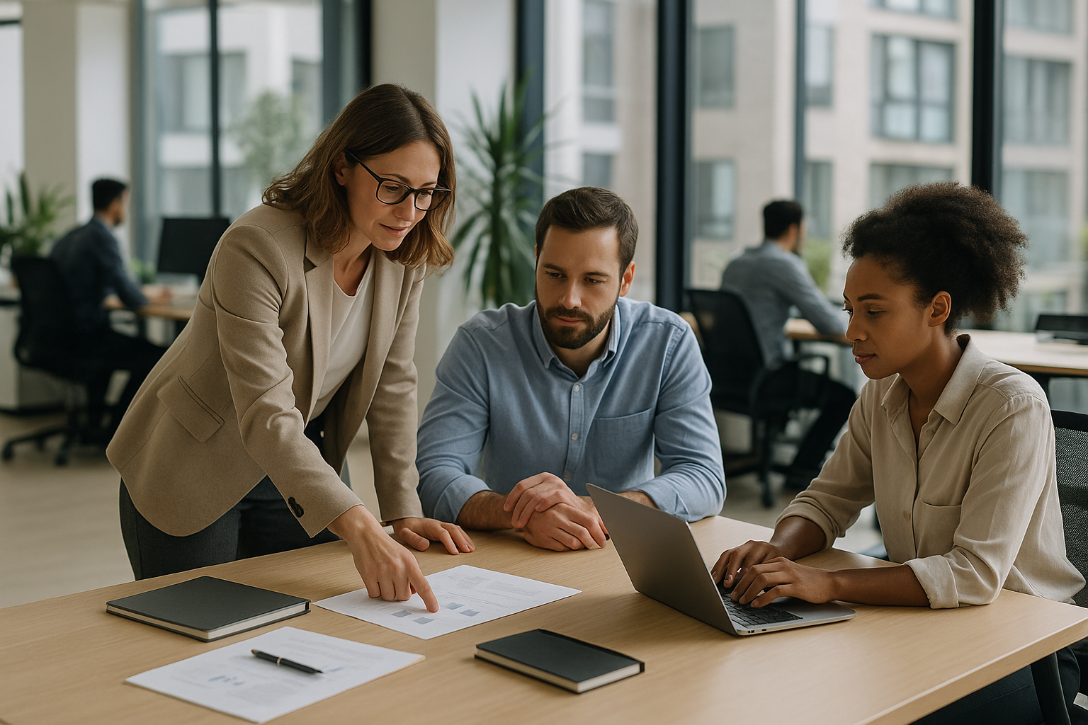 Ufficio moderno con team che collabora in presenza in un contesto di lavoro ibrido