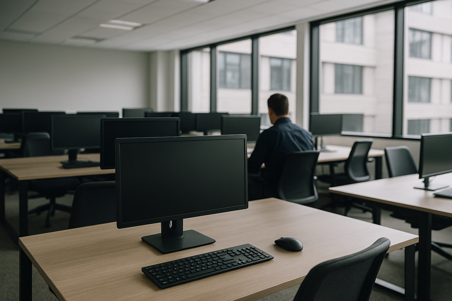 Postazioni di lavoro vuote in un ufficio tech a rappresentare la fuga di talenti