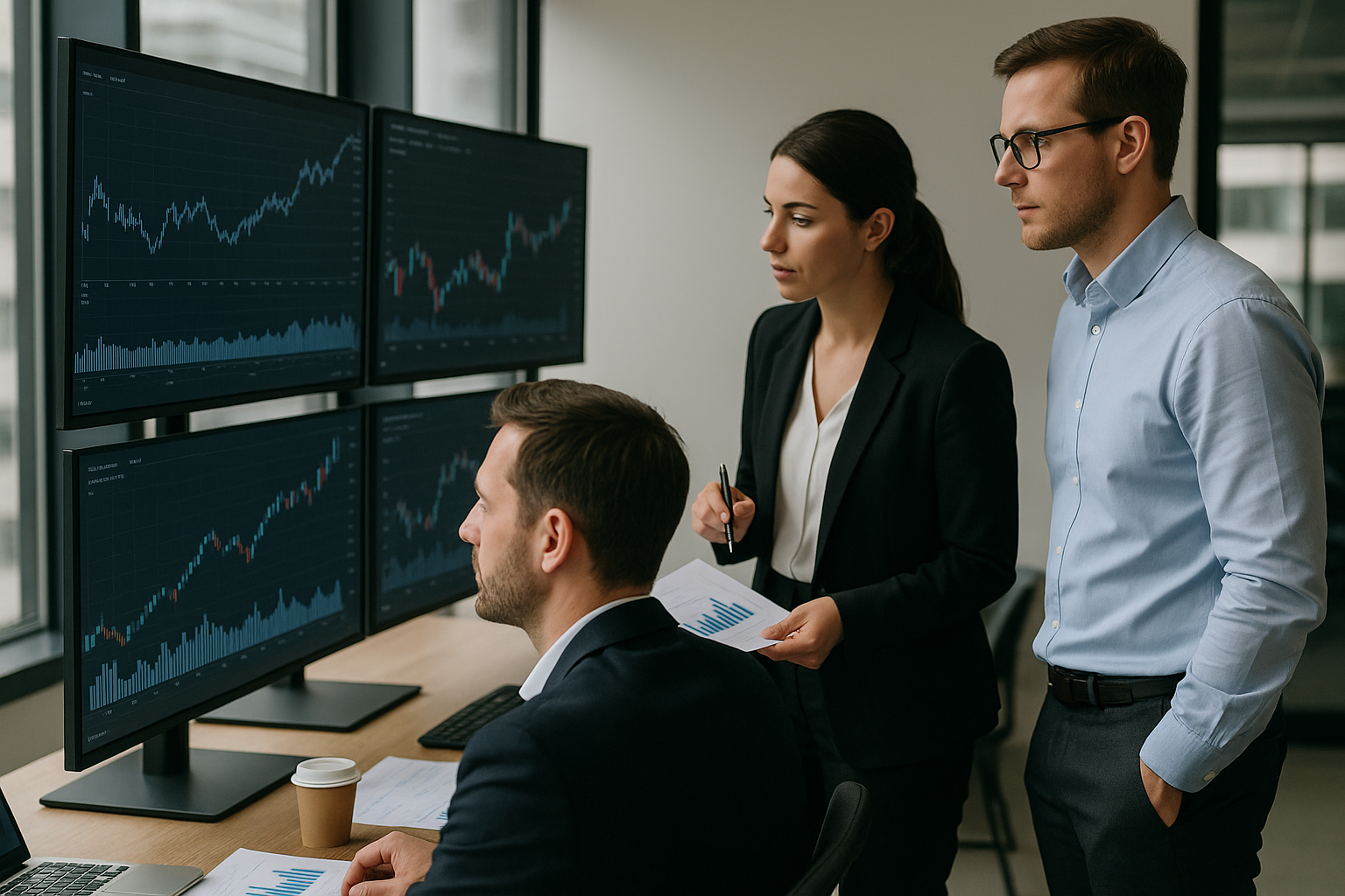 Team in ufficio che analizza indicatori finanziari e piani di raccolta per una startup