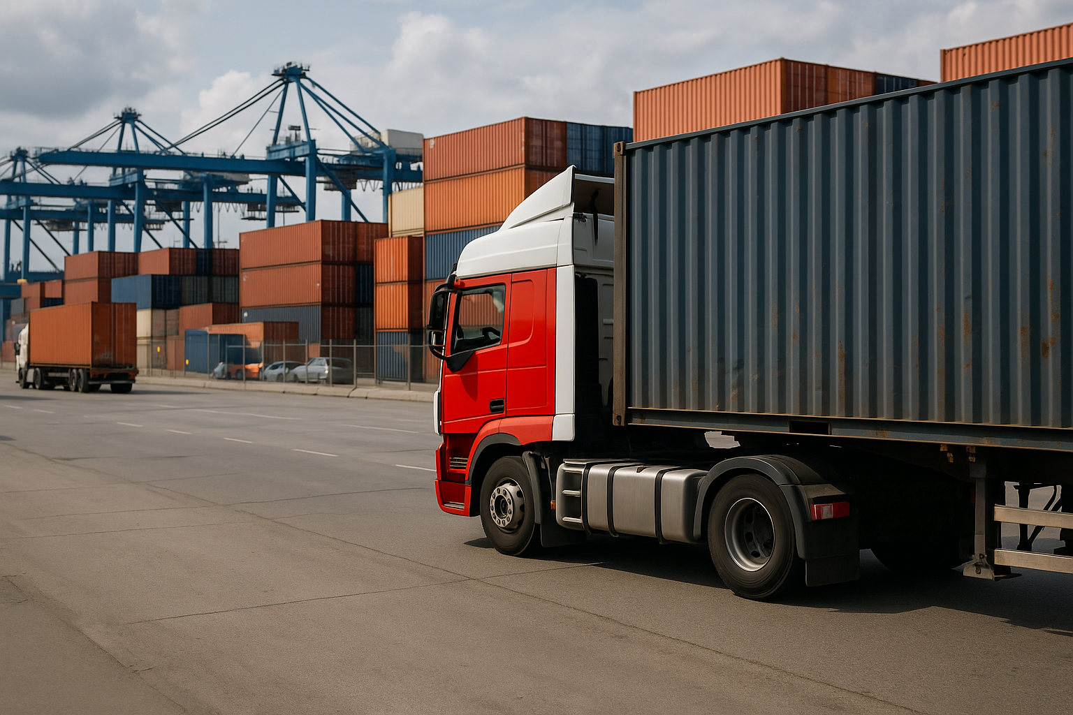 Congestione in un terminal portuale con container e camion in attesa
