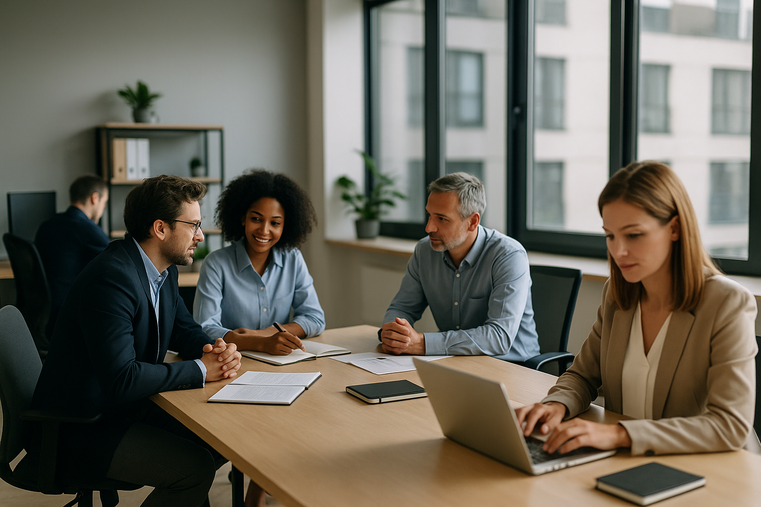 Team al lavoro in un ufficio moderno durante una giornata di lavoro ibrido