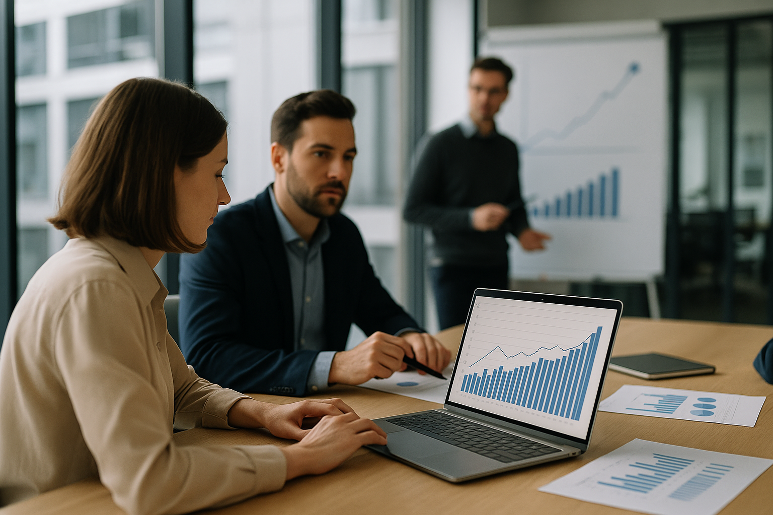 Team in ufficio analizza metriche di ricavi e margini per la crescita sostenibile di una scaleup
