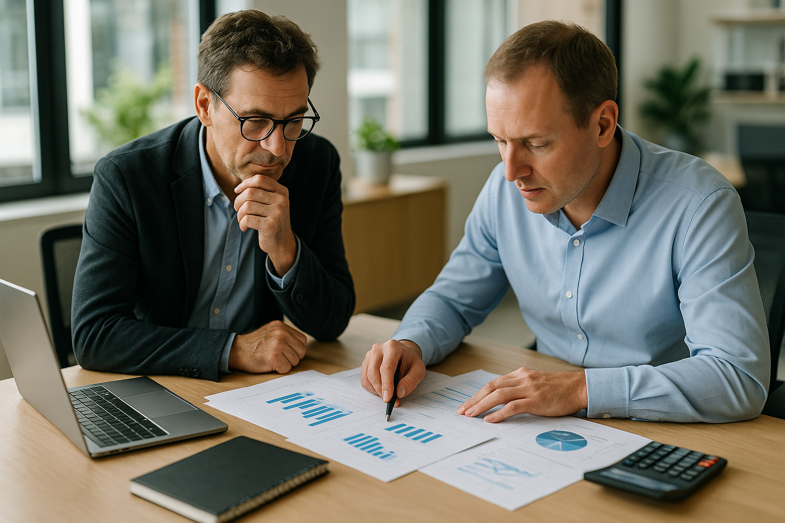 Imprenditore e responsabile finanziario di una PMI analizzano budget e grafici sul costo del credito