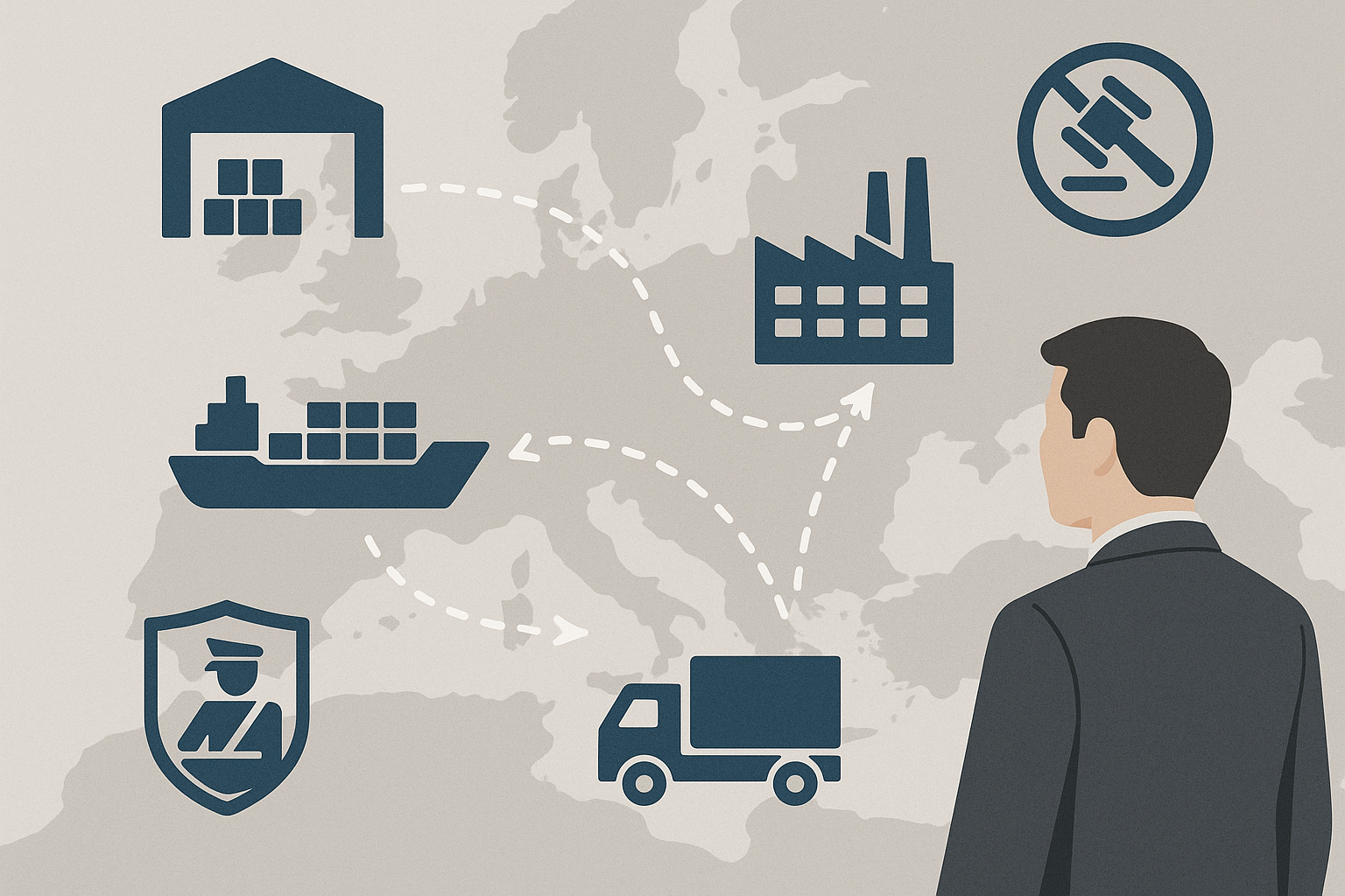 Schema stilizzato di filiere europee con rotte commerciali e riferimenti a dazi e rischi geopolitici
