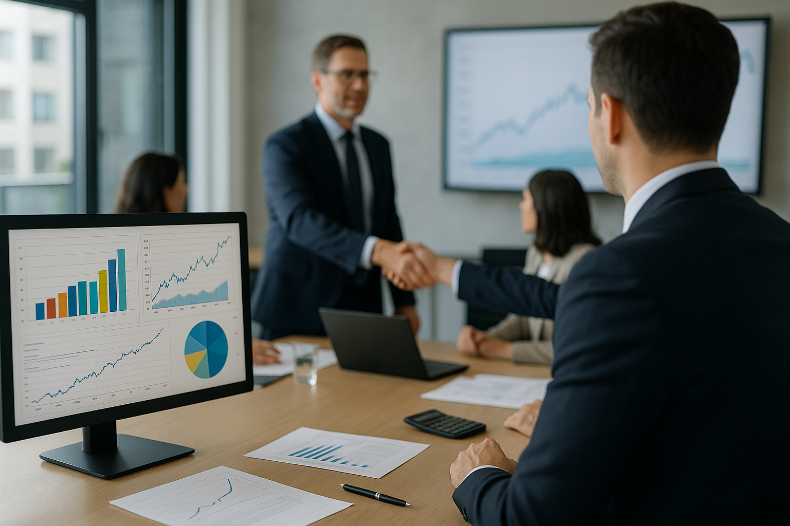 Professionisti in ufficio analizzano dati finanziari durante una trattativa di acquisizione nel mid-market