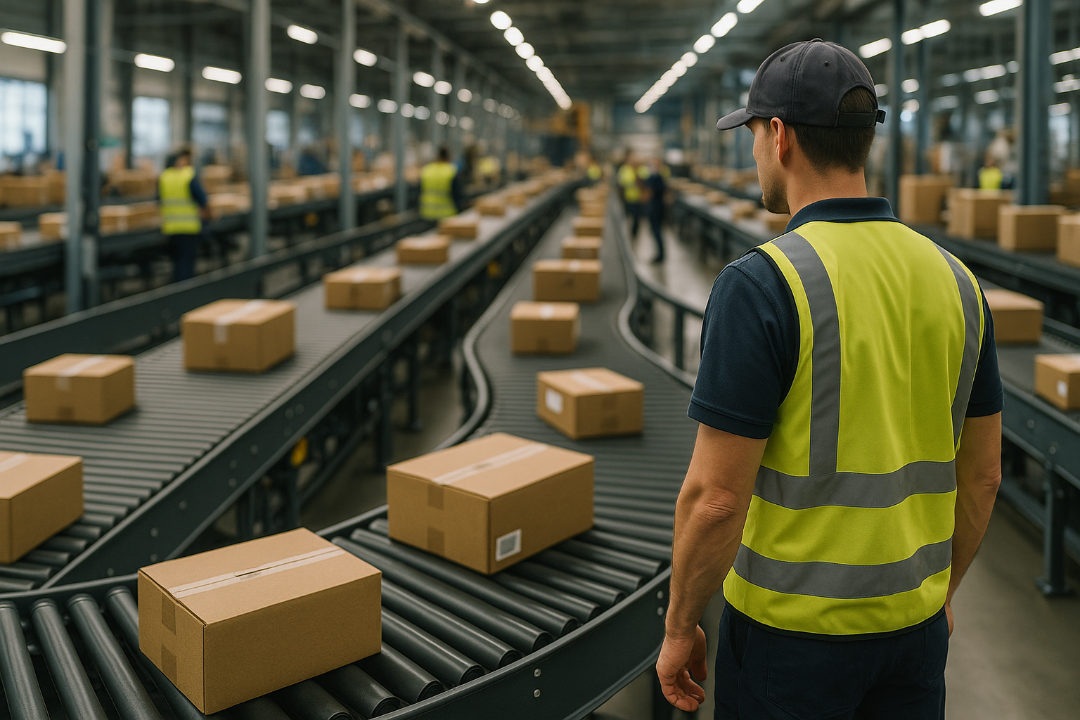 Centro di smistamento logistico con pacchi e nastri trasportatori in attività