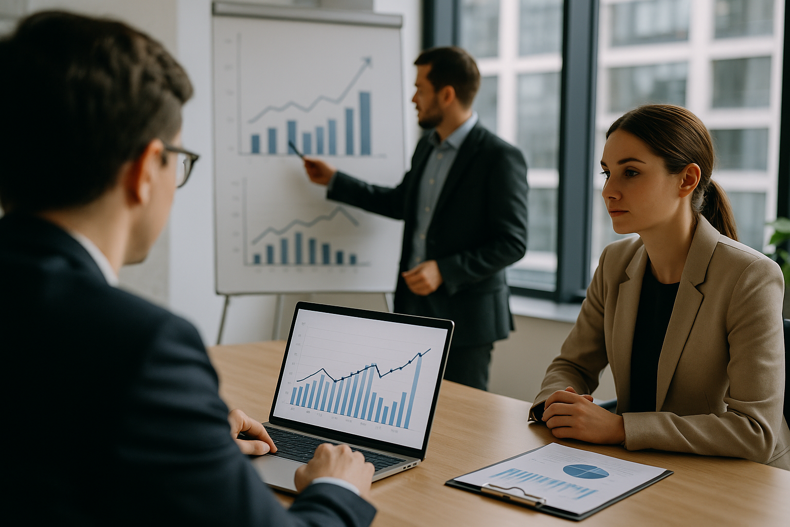 Team di startup che analizza metriche di ricavi e costi in un ufficio moderno