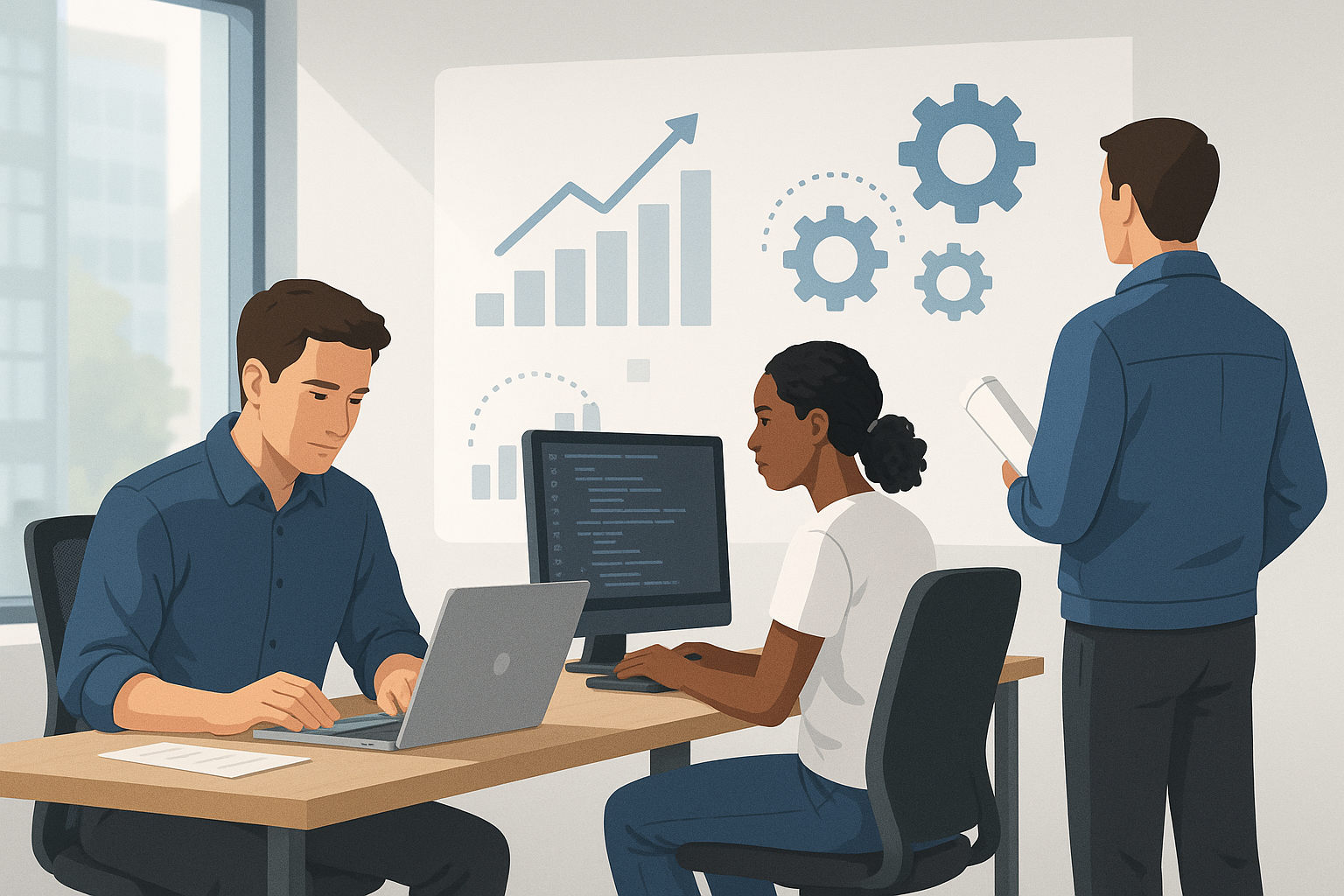 Professionisti tecnici in un contesto di lavoro moderno con simboli di dati e processi