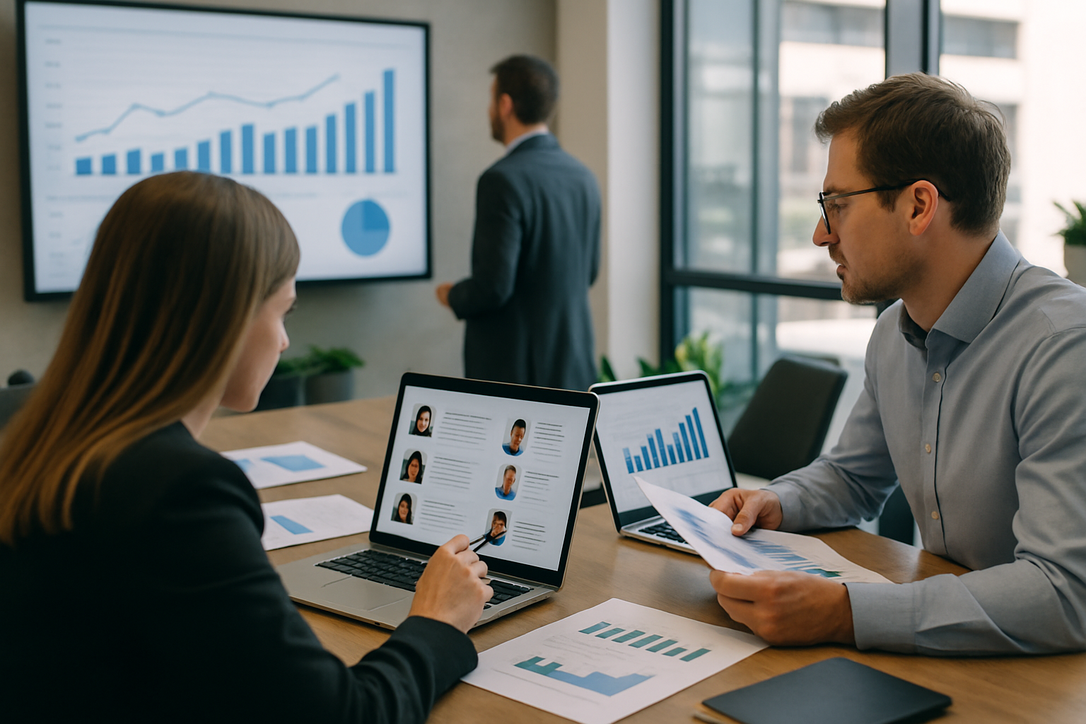 Team in ufficio che analizza dati sul mercato del lavoro e competenze professionali