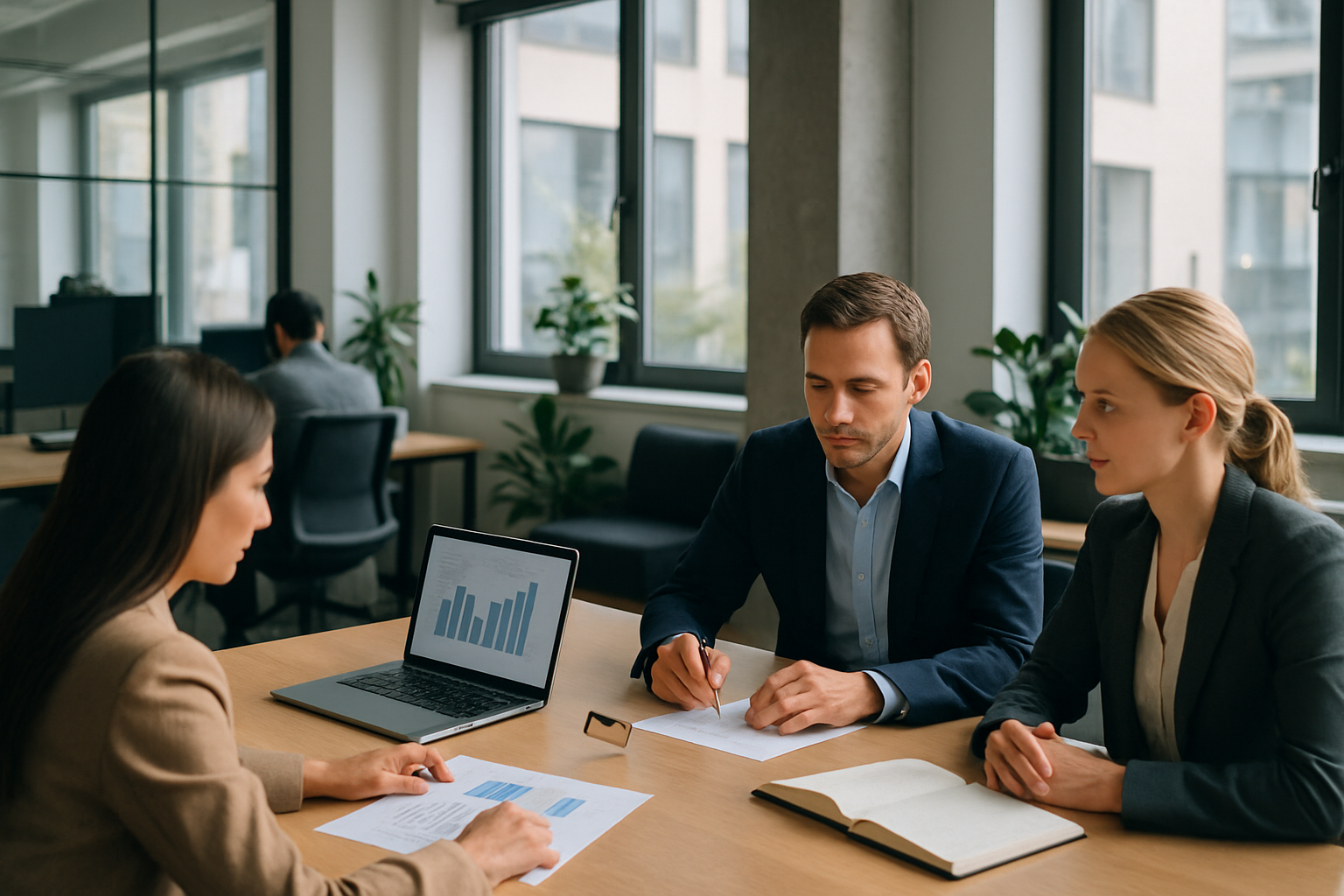 Team in un ufficio moderno durante una giornata di lavoro ibrido