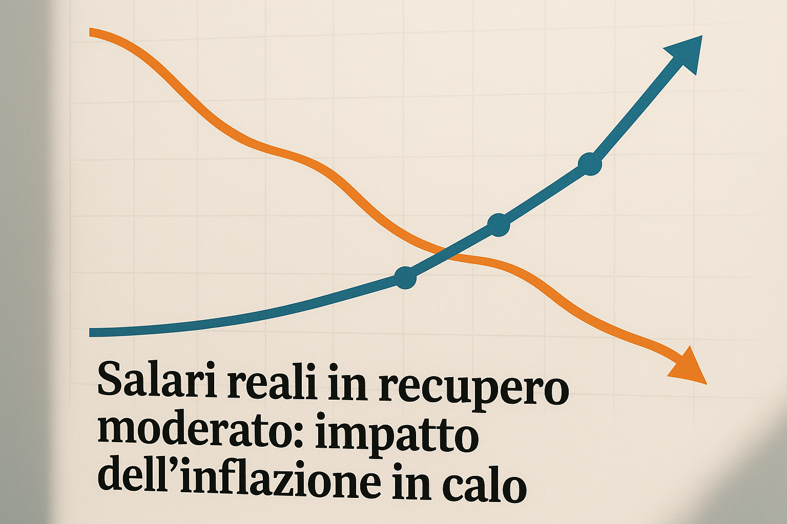 Andamento di salari reali in lieve crescita e inflazione in calo rappresentati con linee su grafico