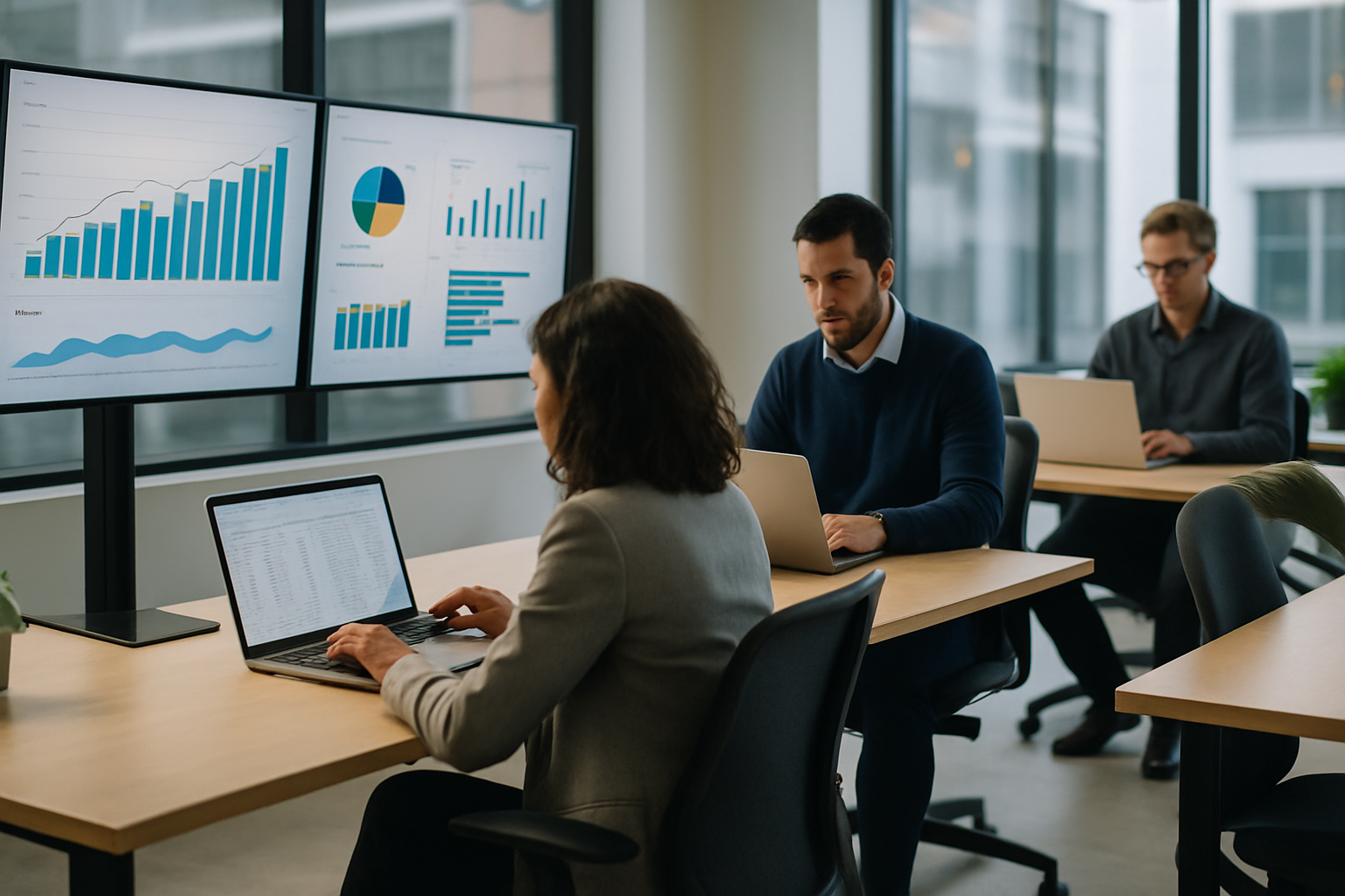 Team di professionisti al lavoro su analisi dati e sviluppo in un ufficio moderno