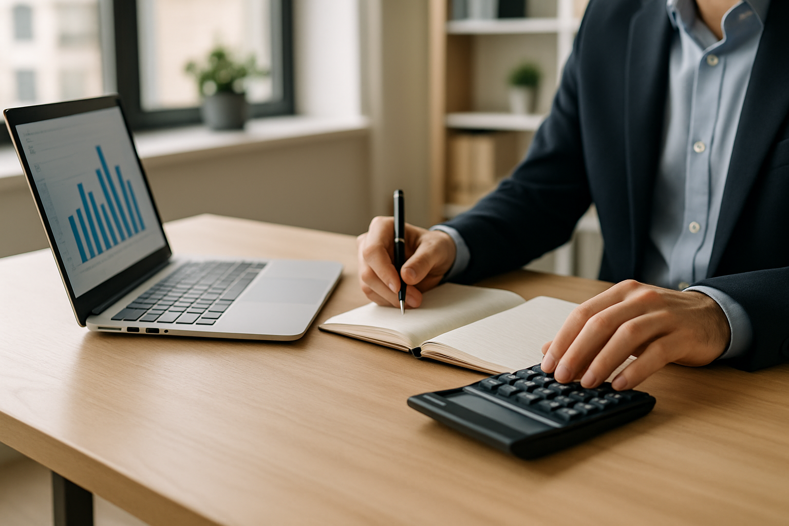 Postazione di lavoro per un professionista autonomo con laptop e strumenti di pianificazione