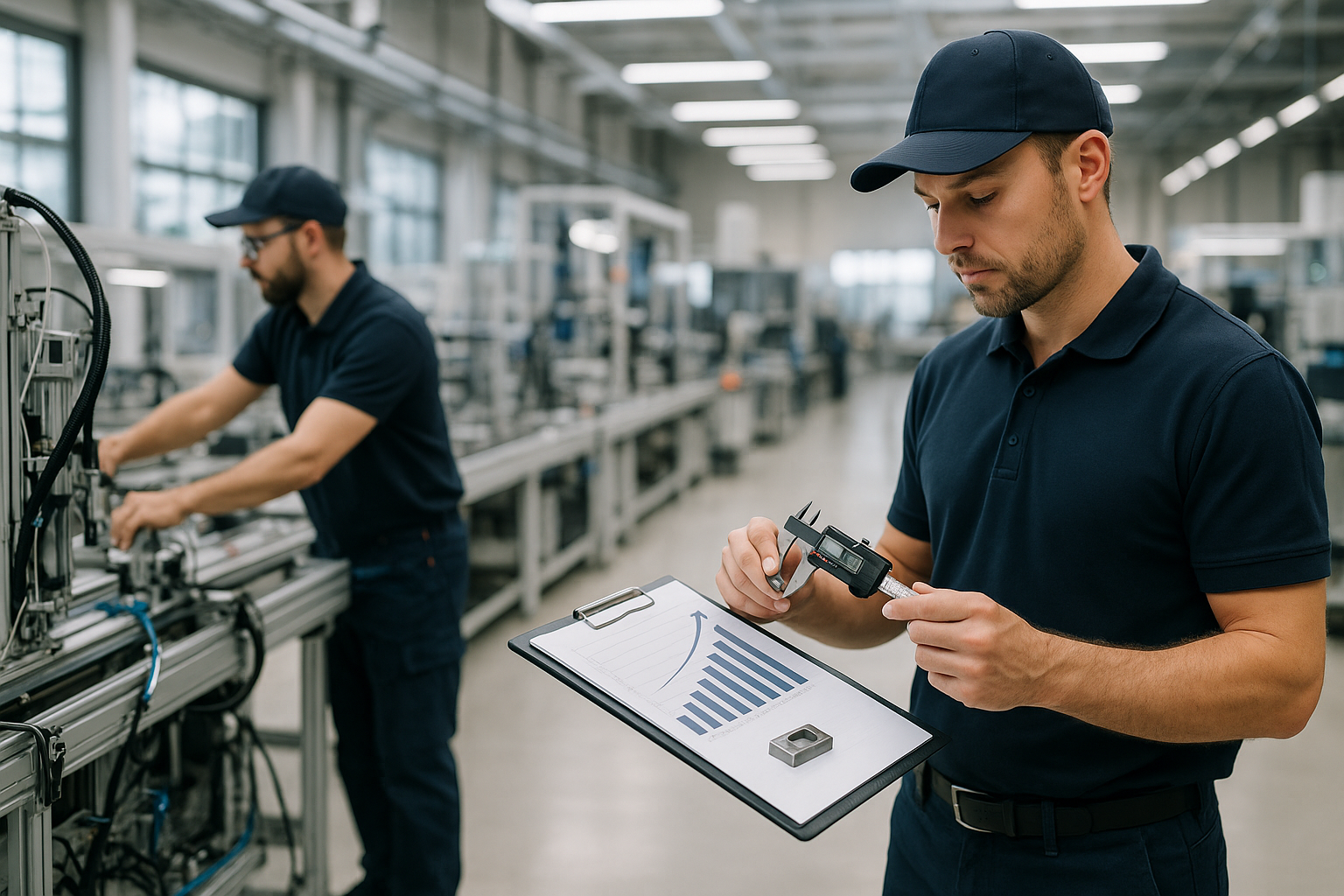 Tecnici specializzati in uno stabilimento manifatturiero moderno durante attività di produzione e controllo qualità