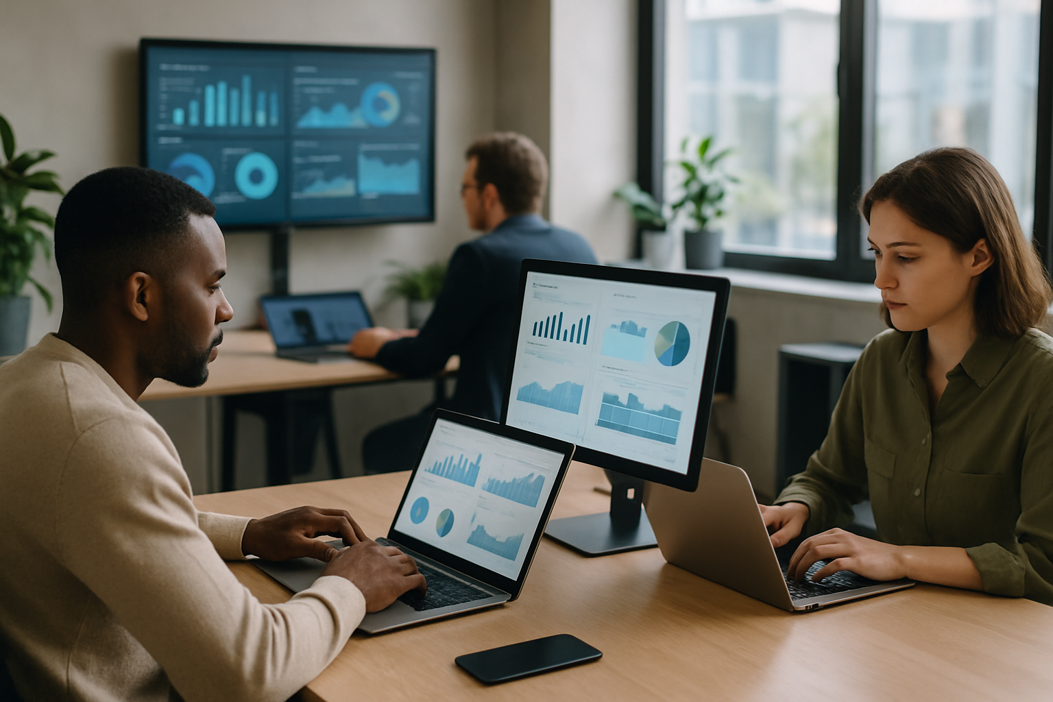 Team di professionisti che analizza dati e progetti digitali in un ufficio moderno