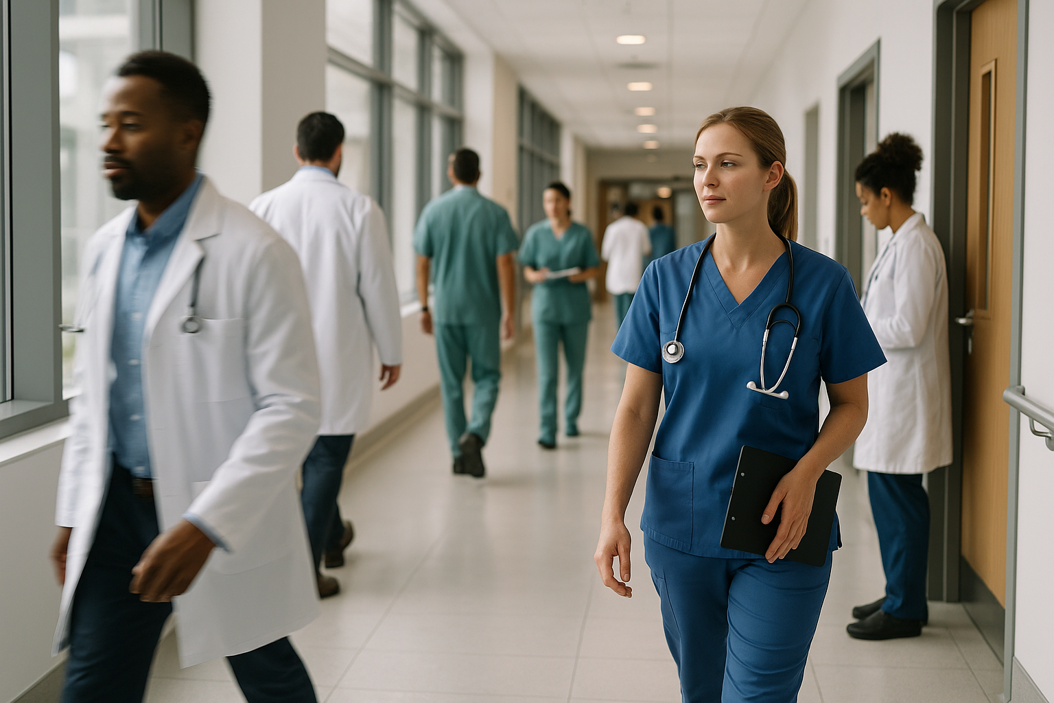 Corridoio di una struttura sanitaria moderna con personale sanitario al lavoro