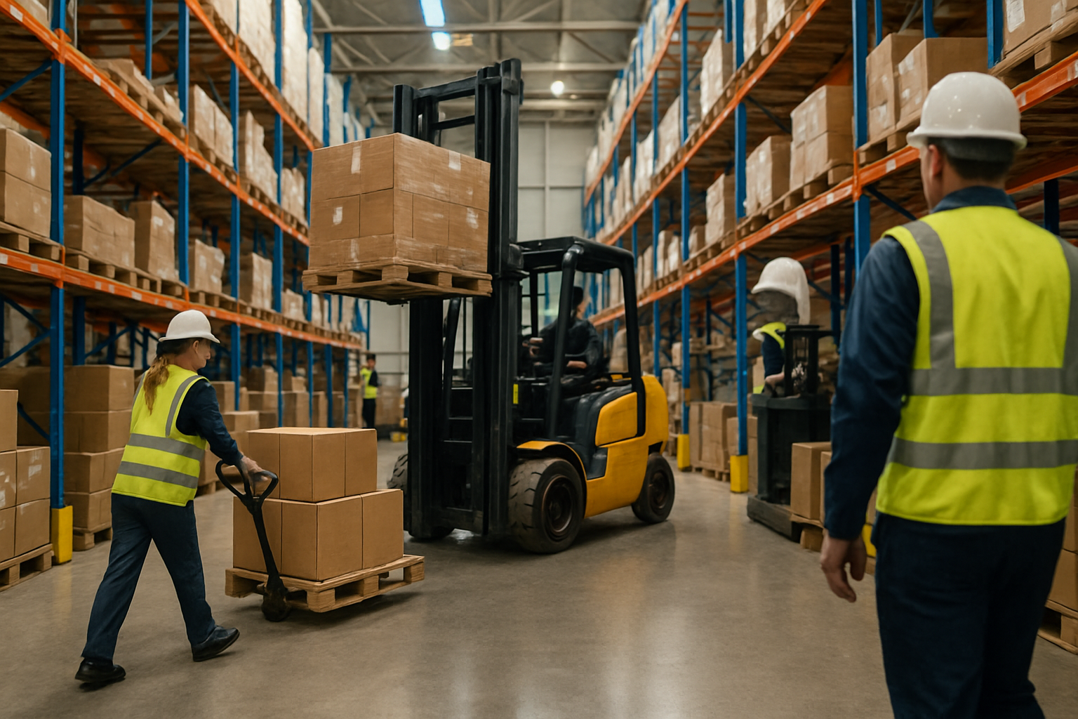 Operatori logistici al lavoro in un magazzino moderno con scaffalature e mezzi di movimentazione