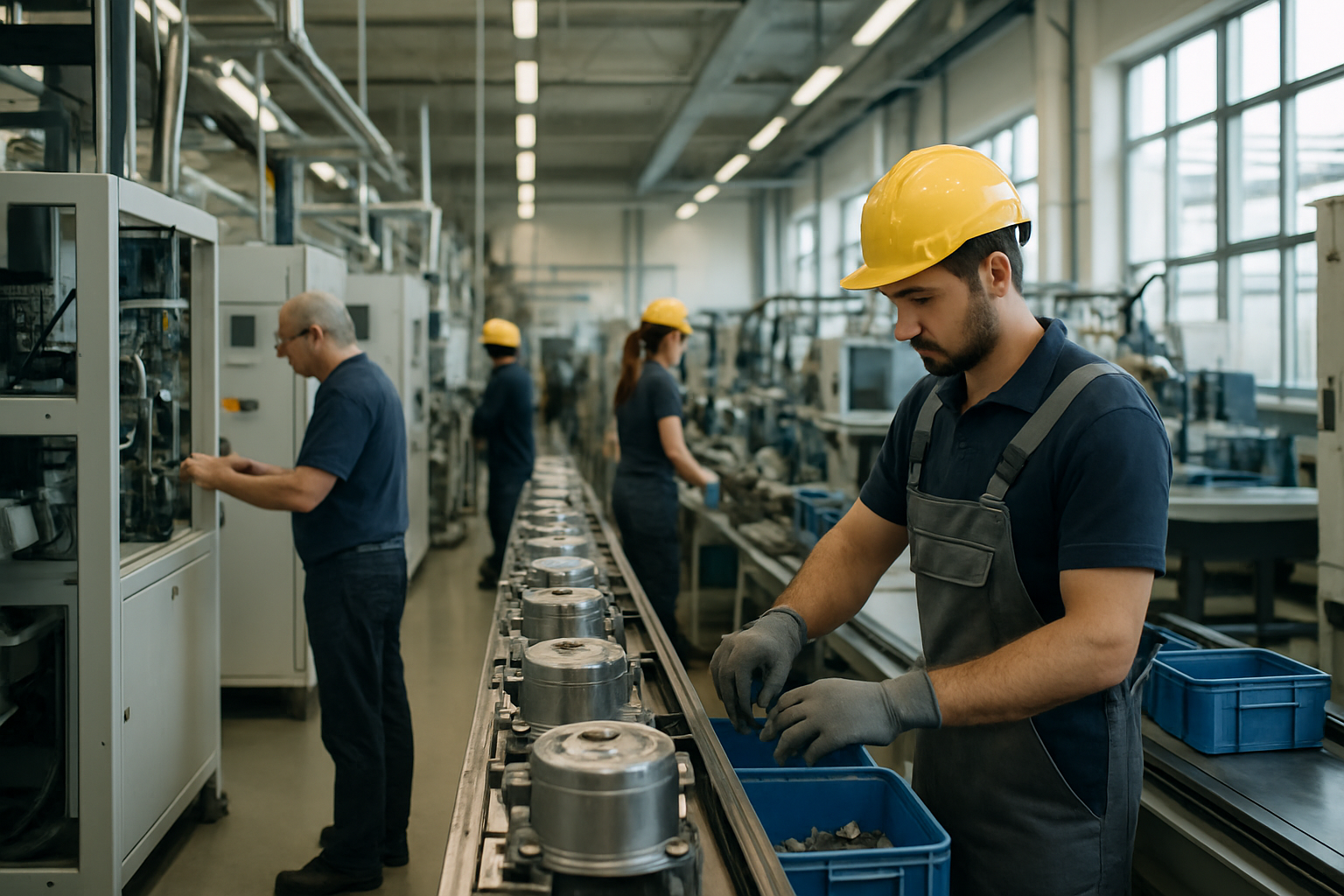 Operai e tecnici in uno stabilimento industriale moderno durante un turno di produzione