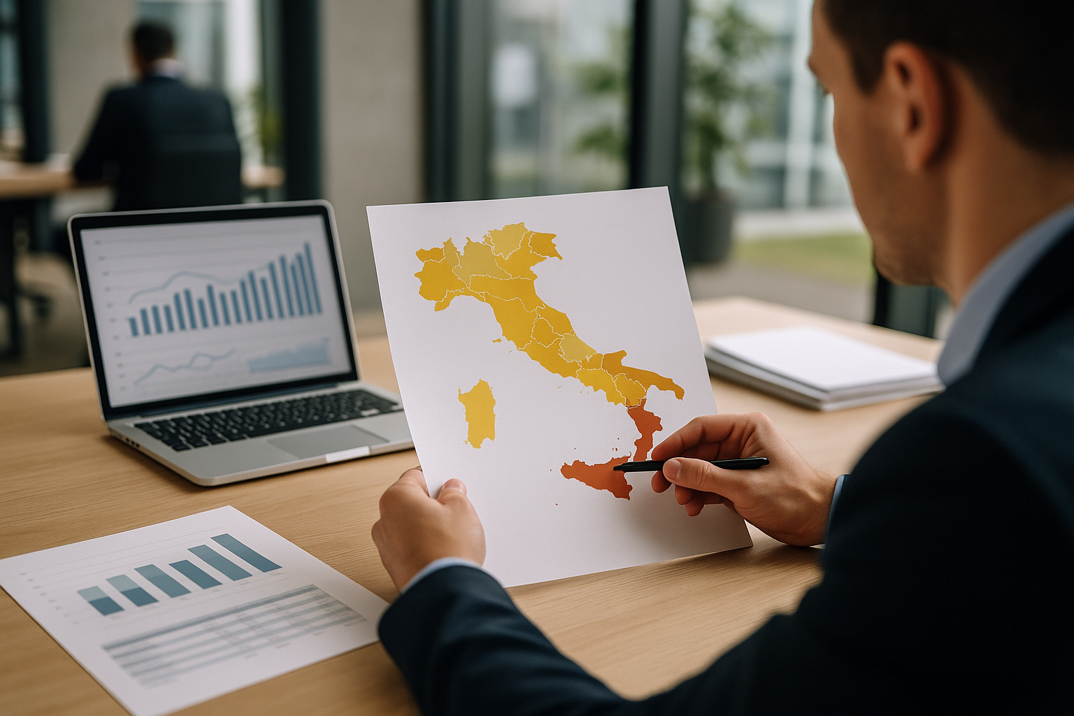 Mappa stilizzata dell'Italia con aree a diversa intensità che indicano differenze regionali nel mercato del lavoro