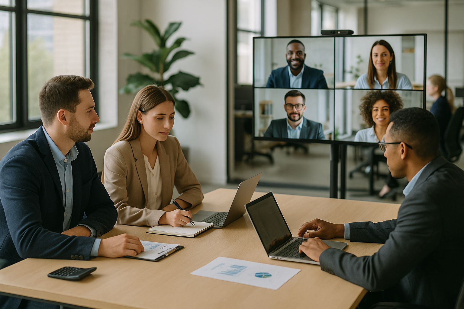 Team in ufficio collaborativo con supporto digitale per lavoro ibrido