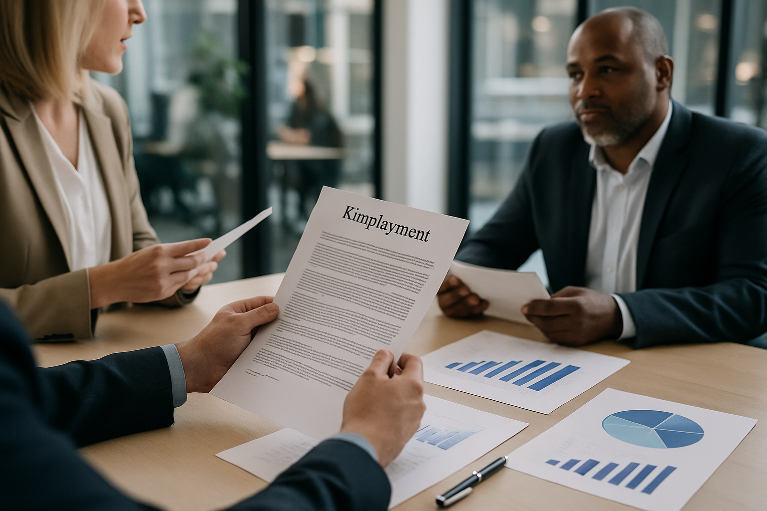 Professionisti in ufficio analizzano documenti di assunzione e grafici sul mercato del lavoro