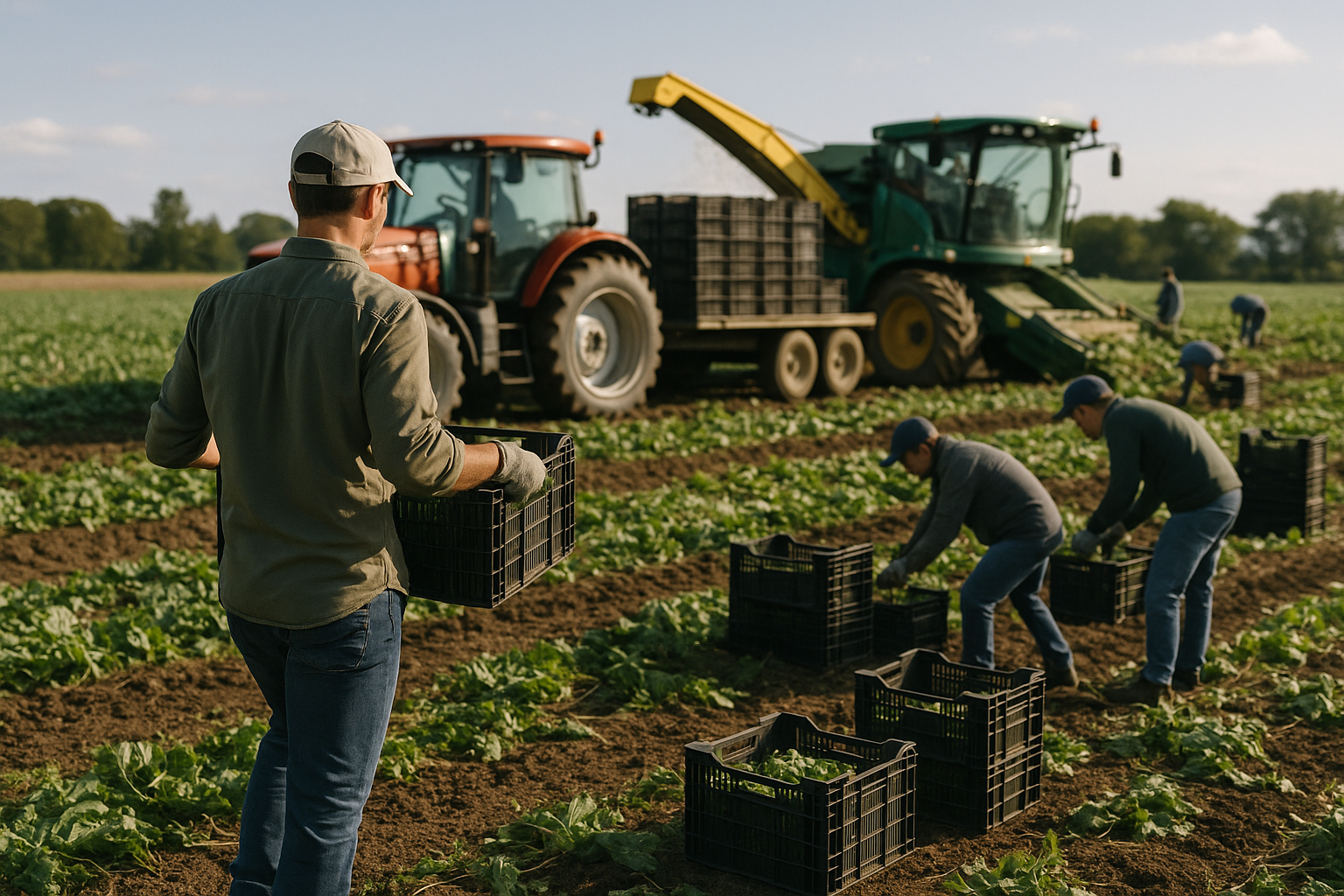 Lavoratori agricoli impegnati nella raccolta in un campo con mezzi moderni