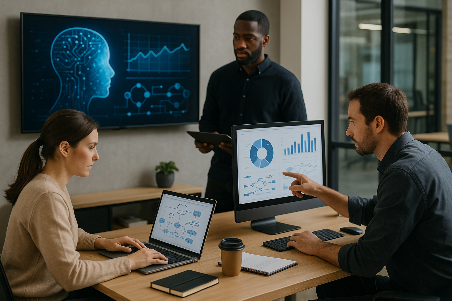 Team aziendale che collabora su progetto di intelligenza artificiale con dashboard e flussi di processo