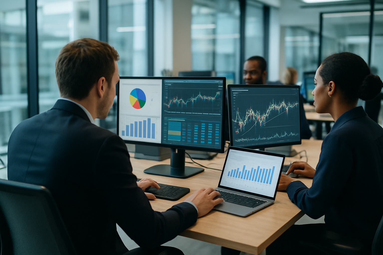 Analisti in ufficio che esaminano dashboard e grafici per decisioni nel settore finanziario