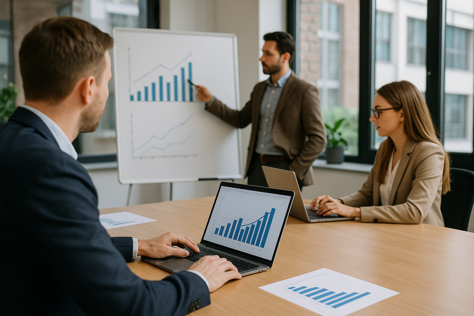 Team in ufficio che analizza indicatori di produttività e organizza il lavoro