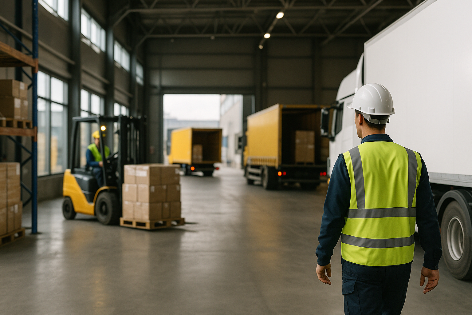 Hub logistico con operatori e mezzi di trasporto in attività