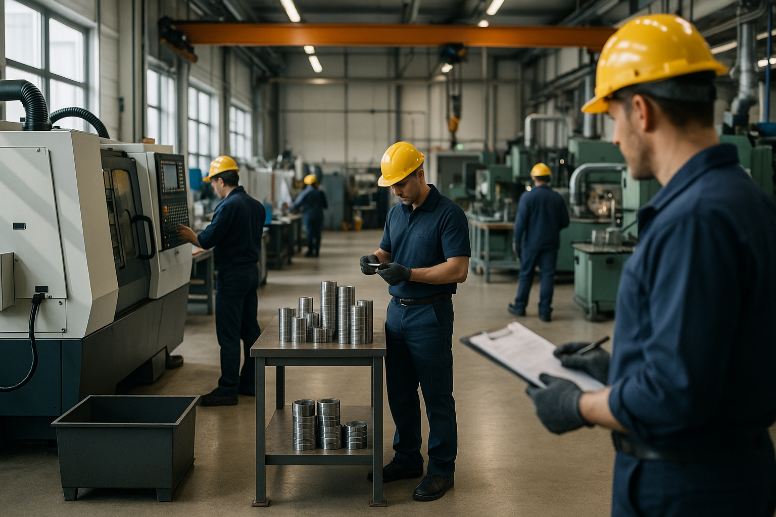 Stabilimento manifatturiero con linee di produzione e operai al lavoro