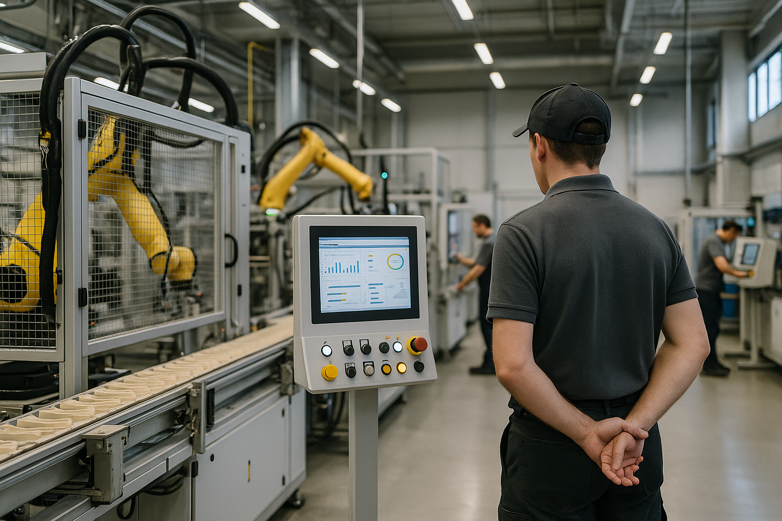 Linea produttiva automatizzata con operatori che monitorano i dati di processo