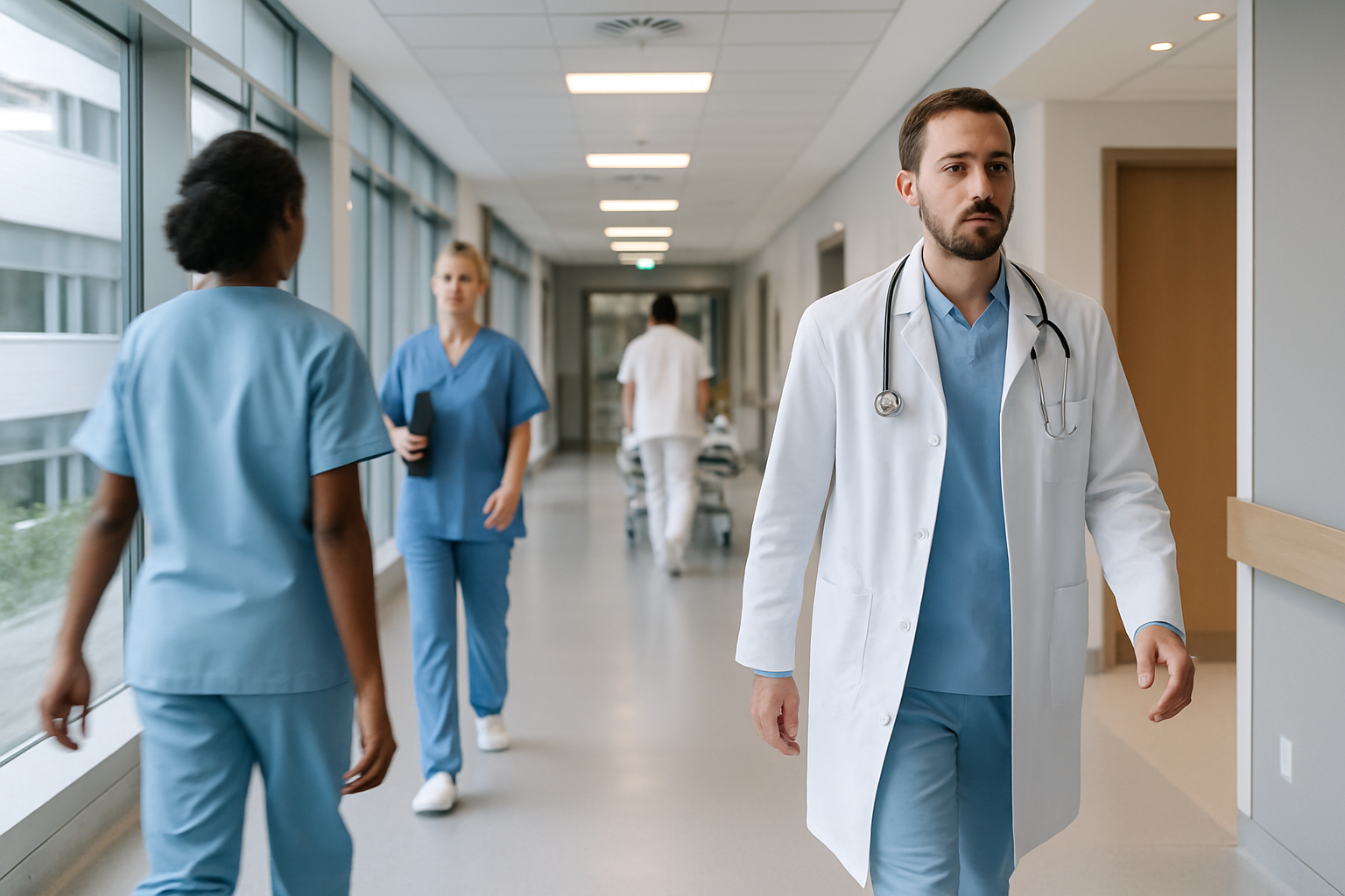 Corridoio di una struttura sanitaria moderna con personale sanitario in servizio