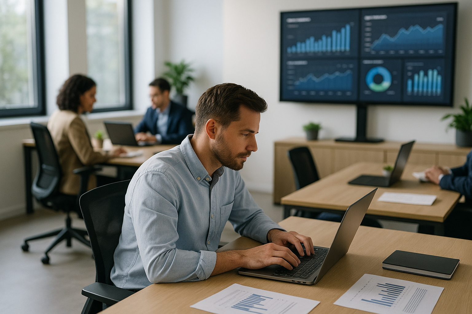 Professionisti al lavoro con laptop e dashboard dati in un ufficio moderno
