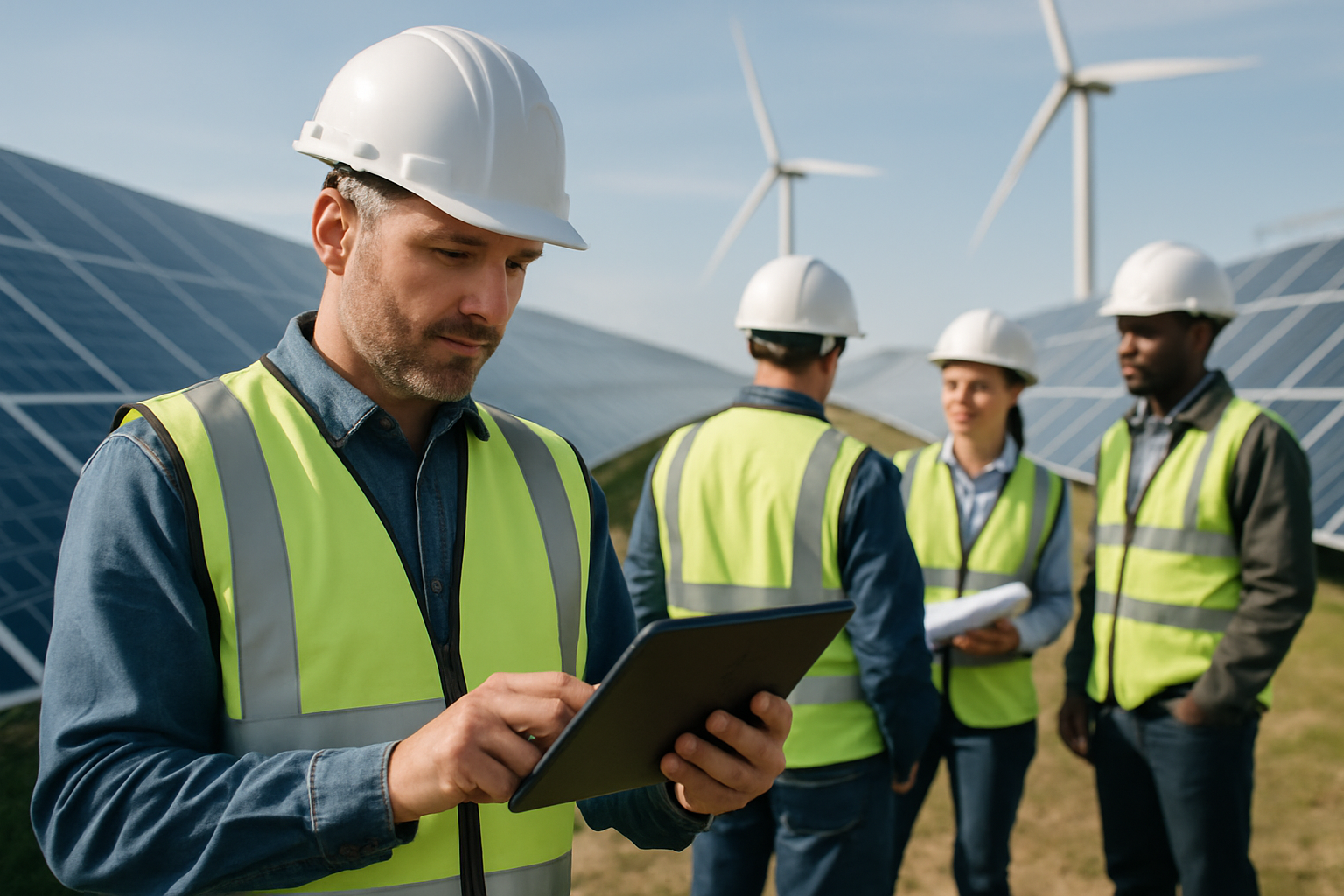 Tecnici e ingegneri al lavoro su un impianto a energia rinnovabile durante un sopralluogo