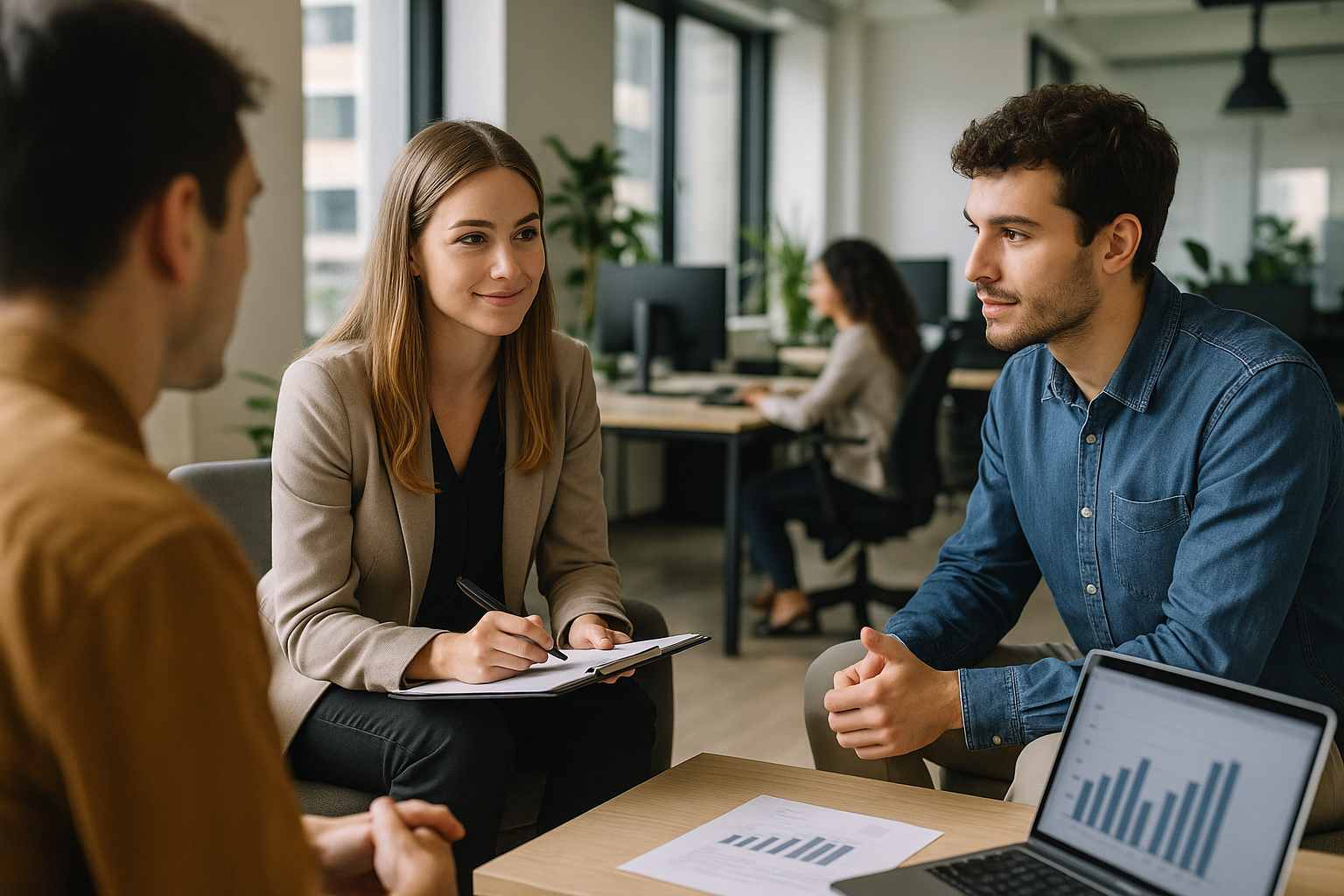 Giovani lavoratori in un contesto d’ufficio durante una conversazione professionale