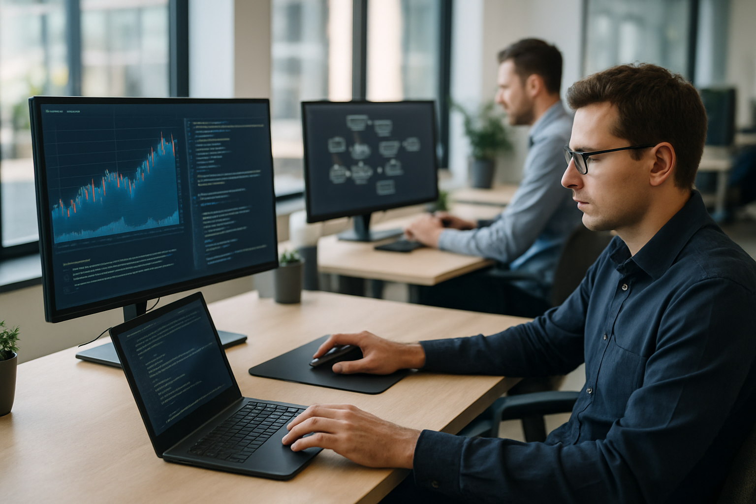 Professionisti IT al lavoro su architetture cloud, dati e sicurezza in un ufficio moderno