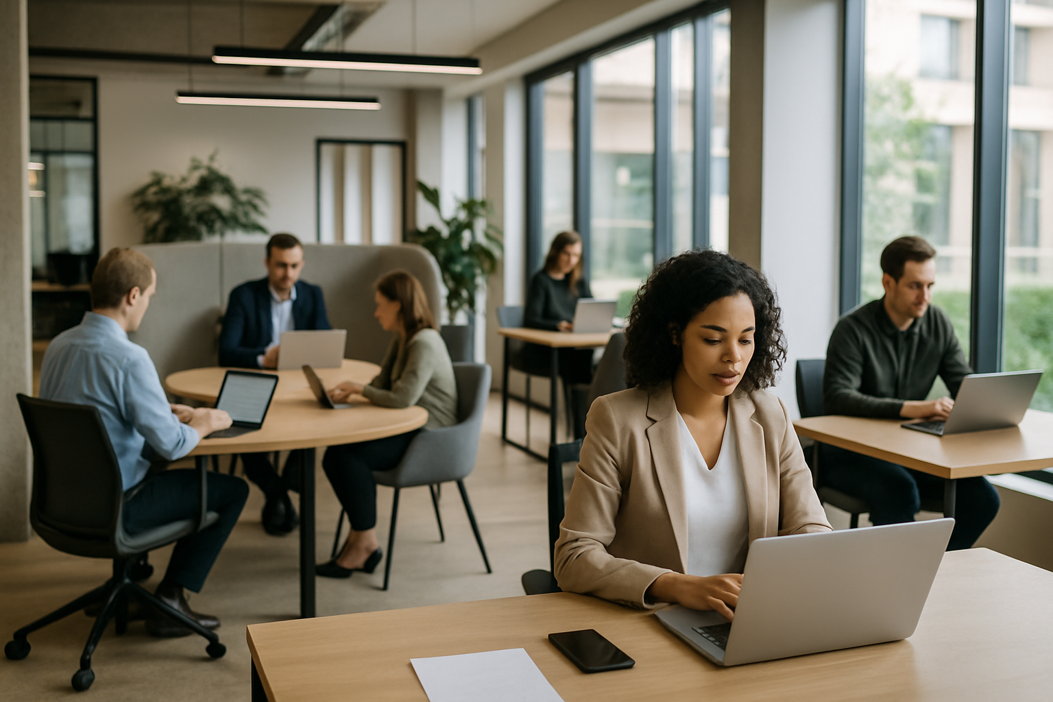 Ufficio moderno ripensato per il lavoro ibrido con aree collaborative e postazioni flessibili
