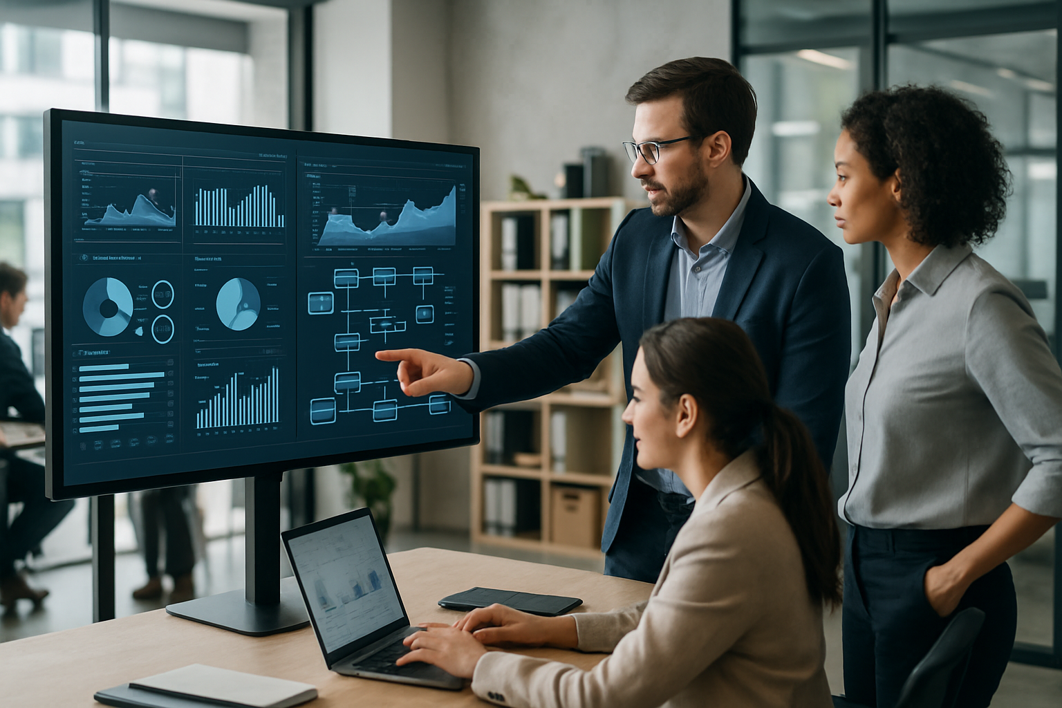 Team in ufficio che analizza dati e processi di lavoro con strumenti digitali legati all’intelligenza artificiale