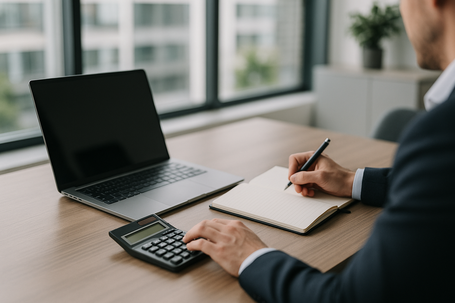 Postazione di lavoro professionale con laptop e strumenti di pianificazione per un lavoratore autonomo