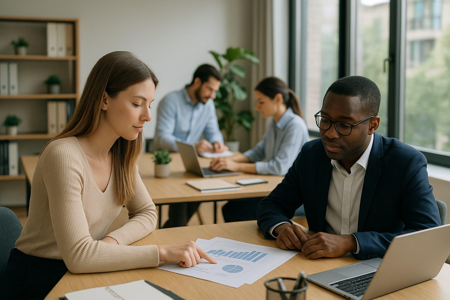 Team in ufficio che collabora in un ambiente di lavoro organizzato e sostenibile