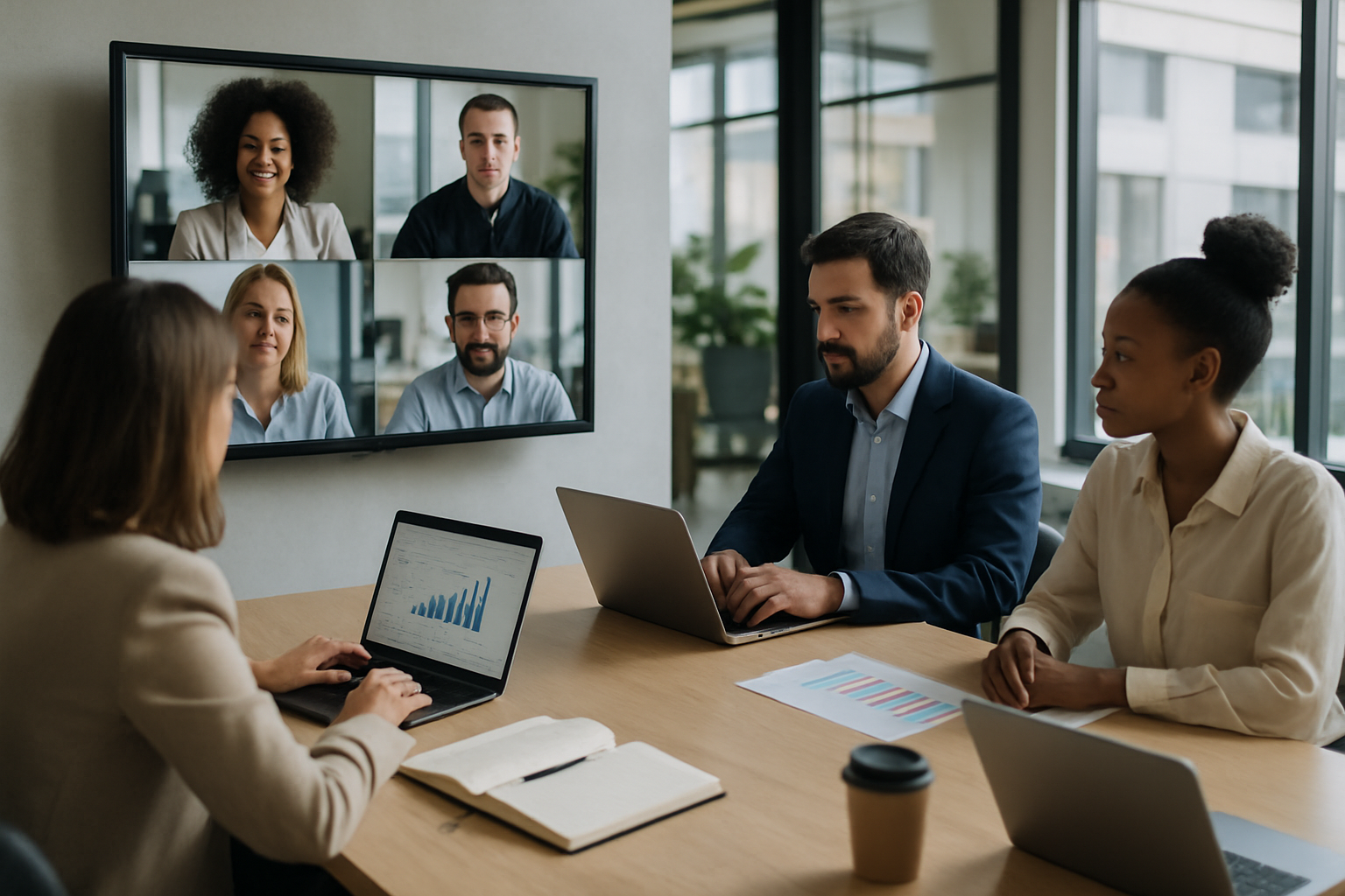 Team di lavoro ibrido che collabora tra ufficio e collegamenti da remoto