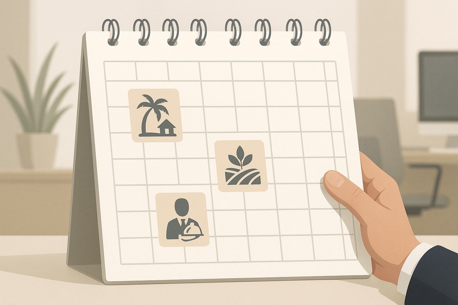Calendario con simboli di turismo, agricoltura e servizi che rappresentano la stagionalità del lavoro