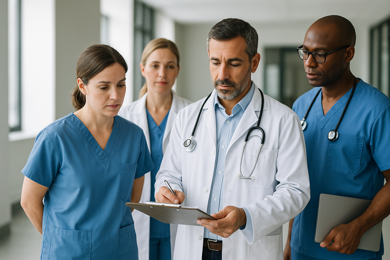 Team di professionisti sanitari in collaborazione in un contesto di lavoro moderno