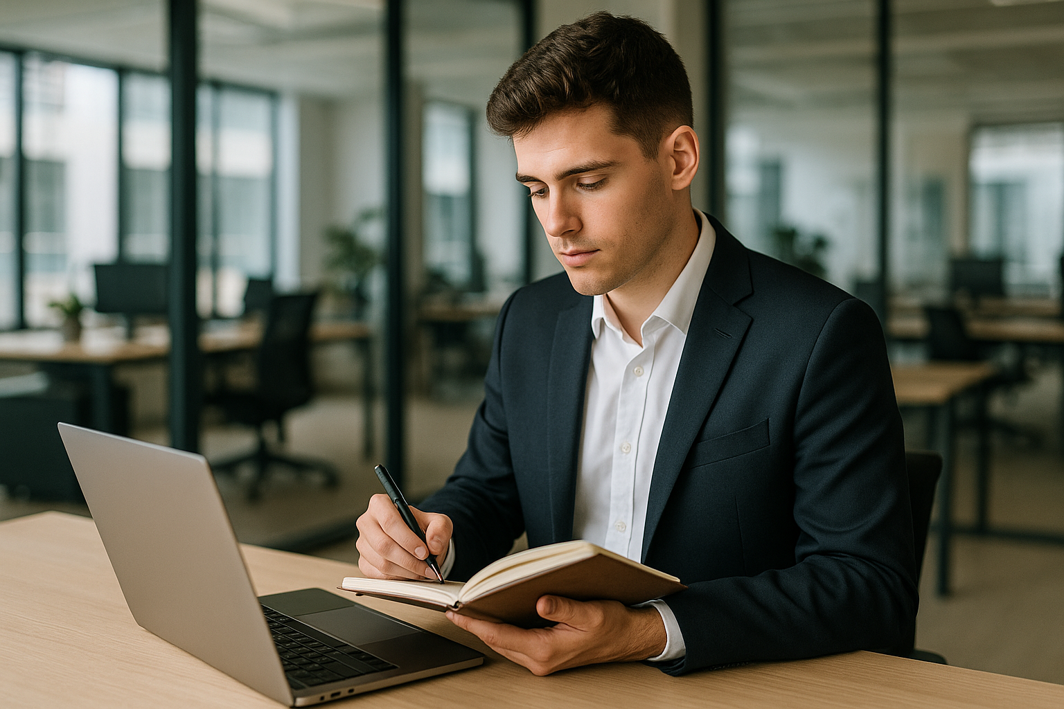 Laureato che pianifica l’ingresso nel mercato del lavoro con laptop e appunti