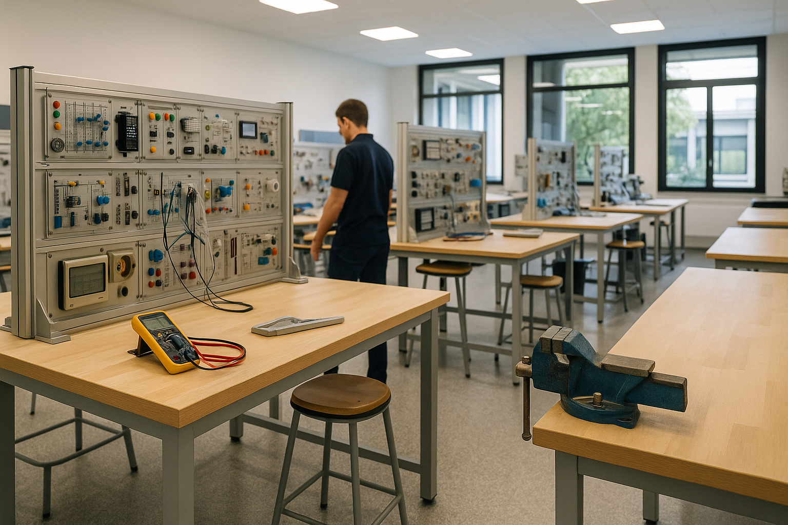 Laboratorio didattico in una scuola tecnica con strumenti e postazioni di lavoro