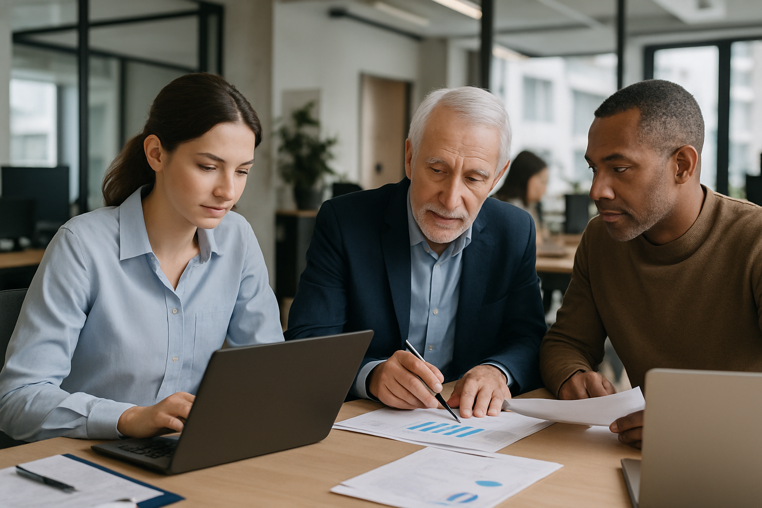 Team intergenerazionale in un ufficio pubblico moderno durante una riunione operativa
