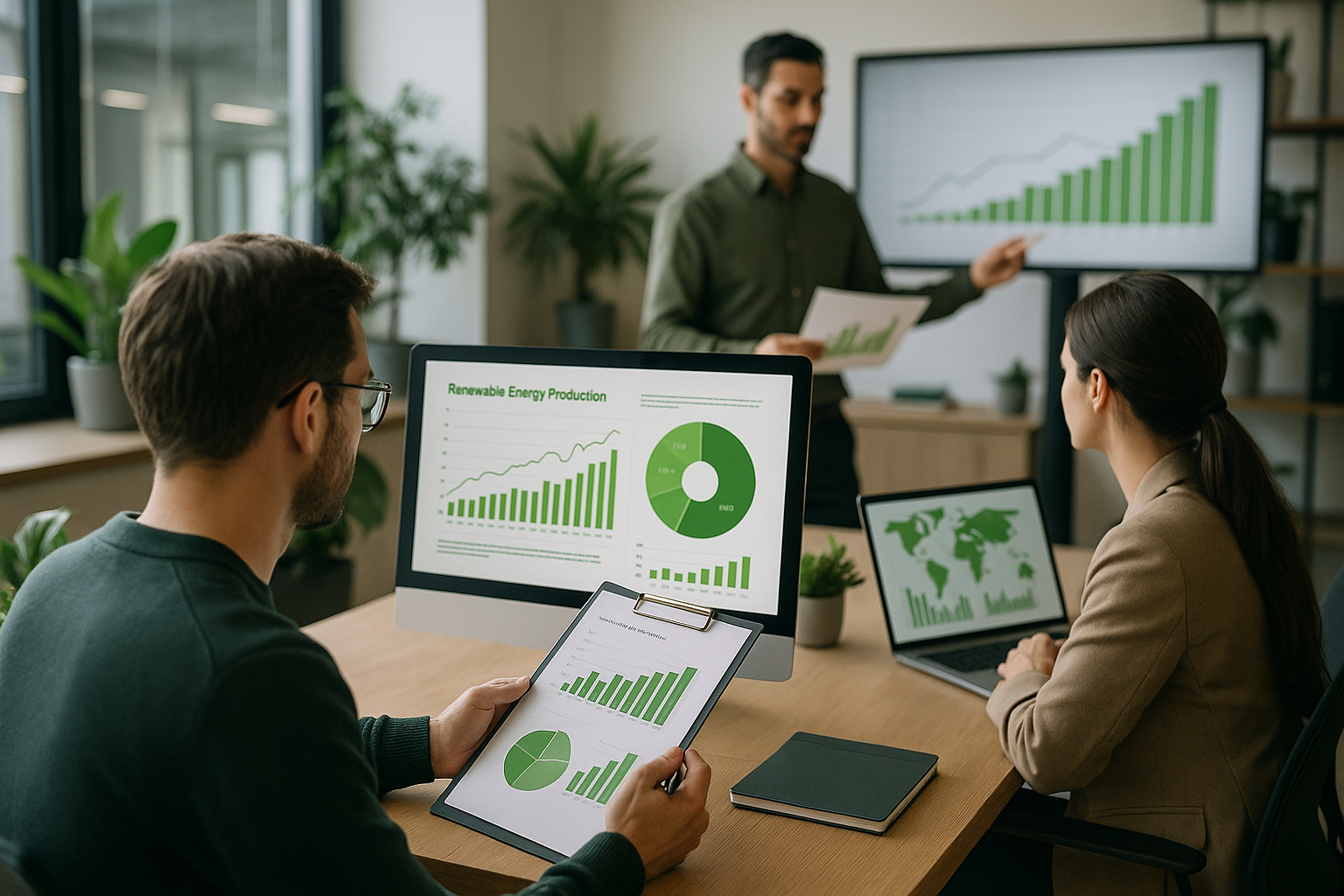 Professionisti al lavoro su analisi di dati energetici e sostenibilità in un ufficio moderno