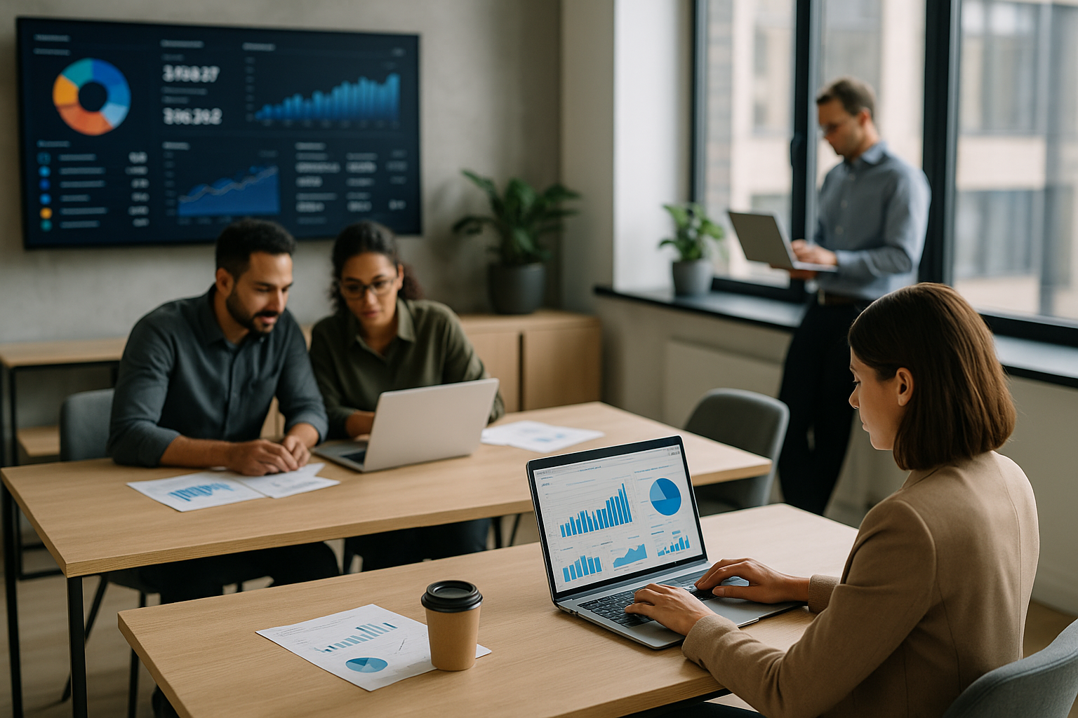 Team di lavoro che analizza dashboard e pianifica contenuti e servizi digitali su laptop in un ufficio moderno