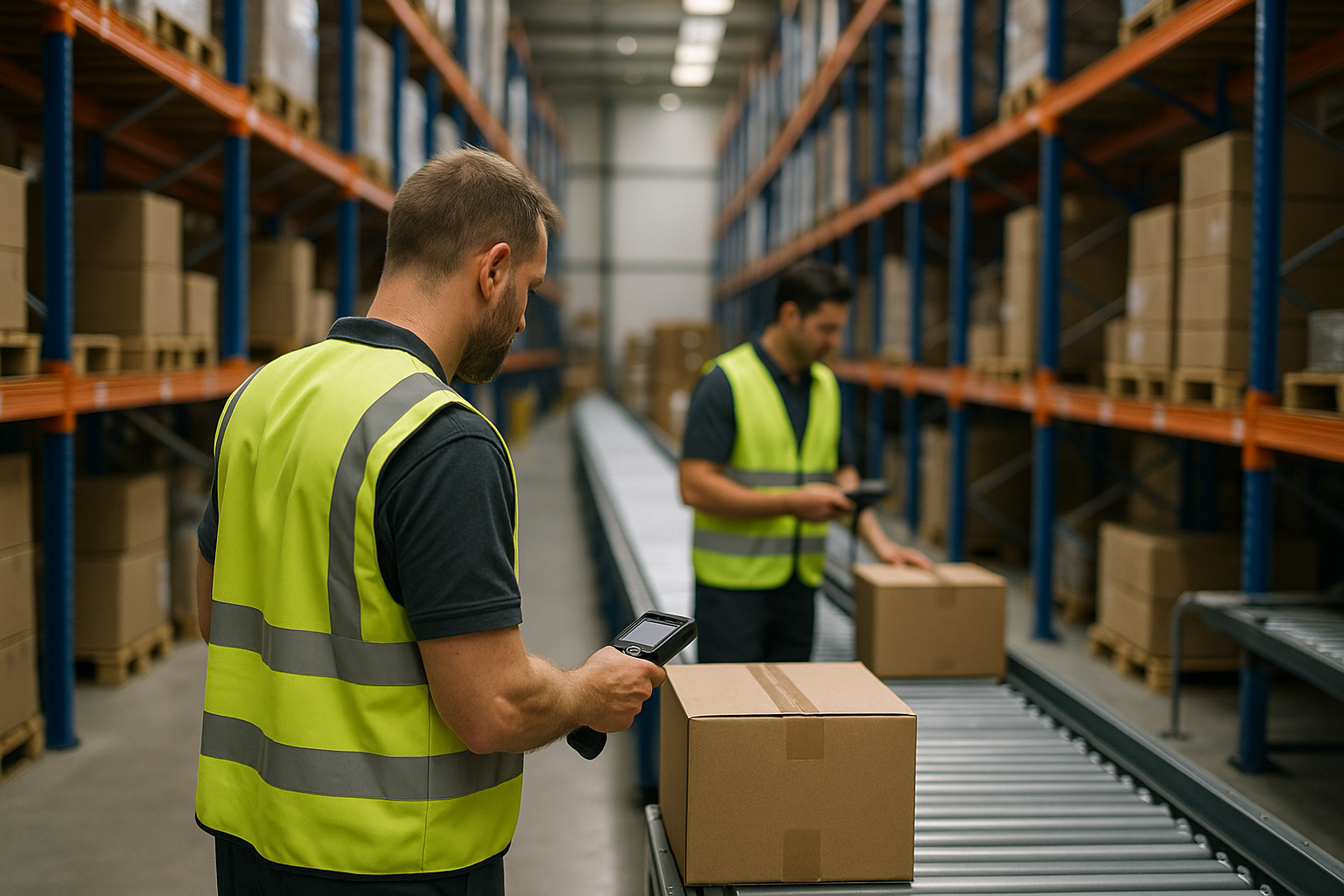 Magazzino moderno con operatori e strumenti digitali per la gestione logistica